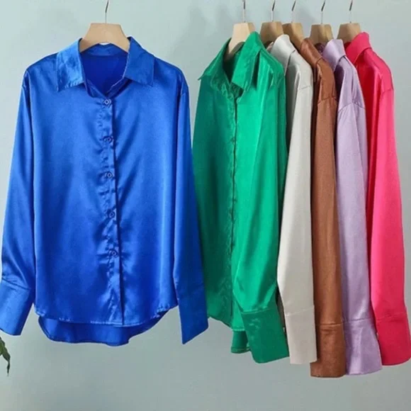 Beautiful Satin Silk Feel Shirt Solid Color Long-Sleeve Button Down - Picture 2 of 2